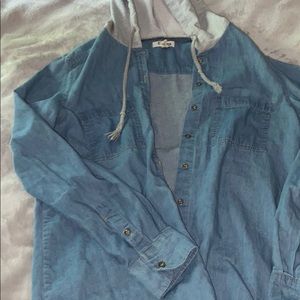 Lightweight jean jacket with grey hoodie